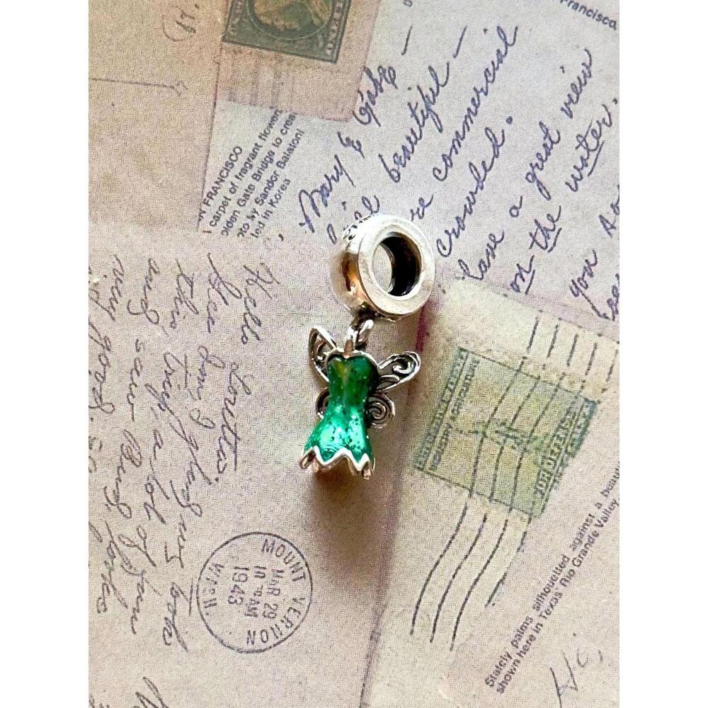 Tinkerbell Signed 925 Sterling Silver Fairy Dress Charm Bead Green Dangle